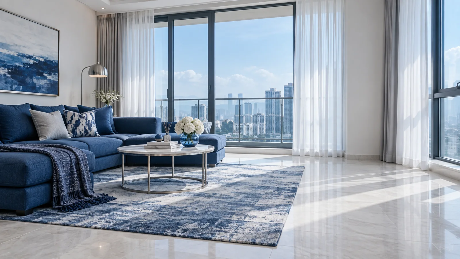 Ruang tamu moden dengan sofa biru dan tingkap besar